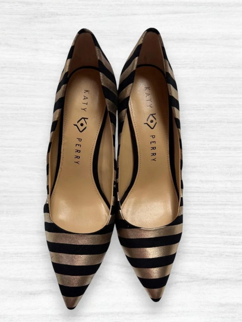 Katy Perry The Sissy Black Gold Metallic Stripe Pointed Toe Pumps Heels 9.5